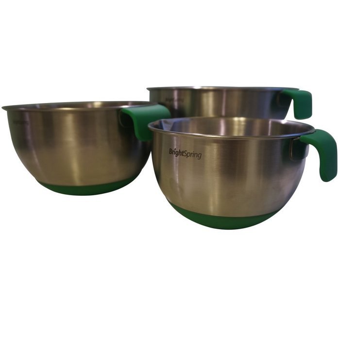 BrightSpring Mixing Bowls - 3-piece Stainless Steel Set - Rubber Bottom, Measurements, Handle & Spout - Recipe... N8