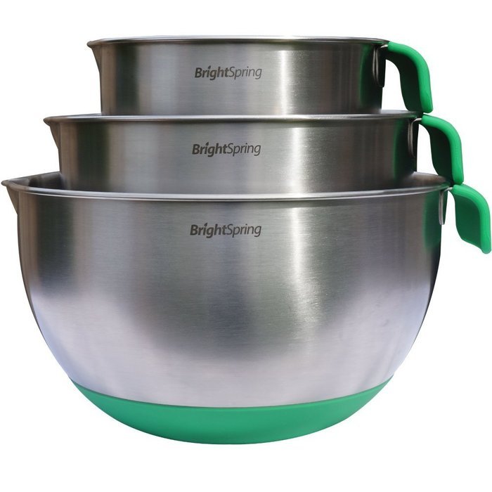 BrightSpring Mixing Bowls - 3-piece Stainless Steel Set - Rubber Bottom, Measurements, Handle & Spout - Recipe... N10