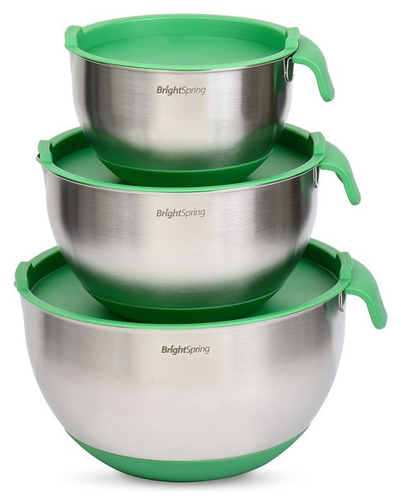 BrightSpring Mixing Bowls - 3-piece Stainless Steel Set - Rubber Bottom, Measurements, Handle & Spout - Recipe... N11