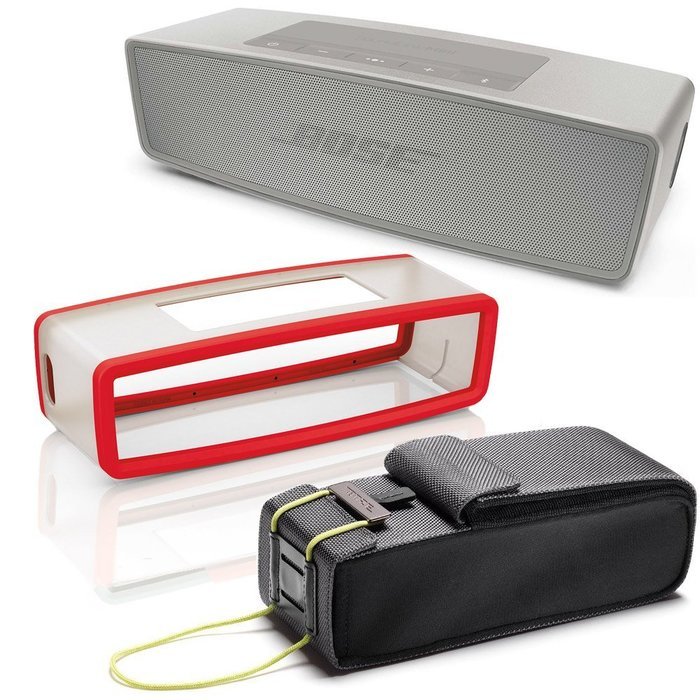 Bose SoundLink Mini II Bluetooth Wireless Speaker - Pearl w/ Red Soft Silicon Cover & Travel Bag - Bundle