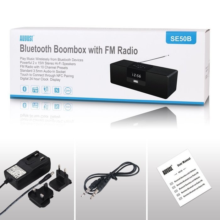 August SE50 Bluetooth BoomBox Speaker with FM Radio for iPhone, Samsung Galaxy, Nokia, HTC, Blackberry, Google... N15