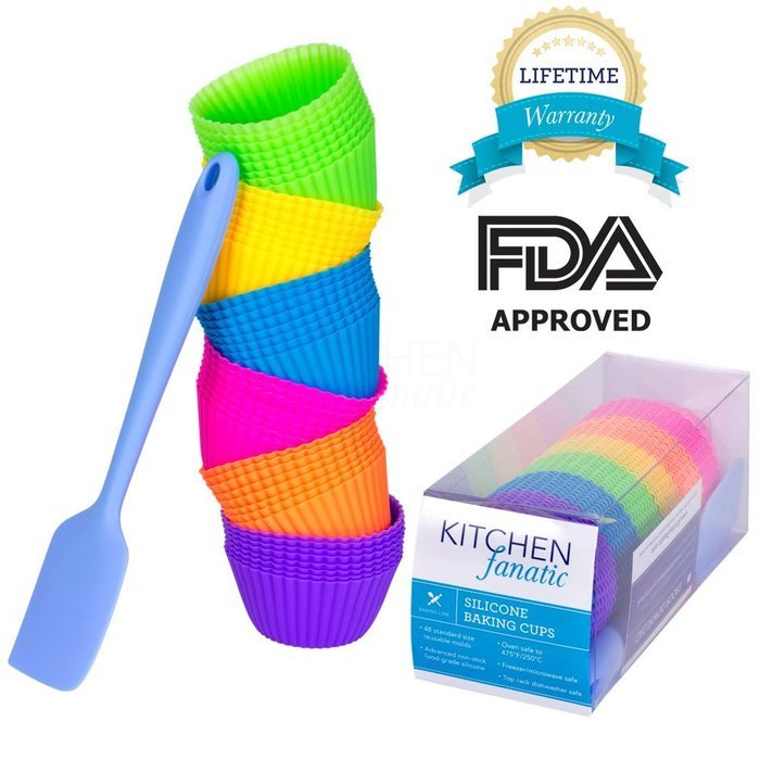 48 Pack of Reusable Silicone Baking Cups / Cupcake Liners with Silicone Spatula From Kitchen Fanatic
