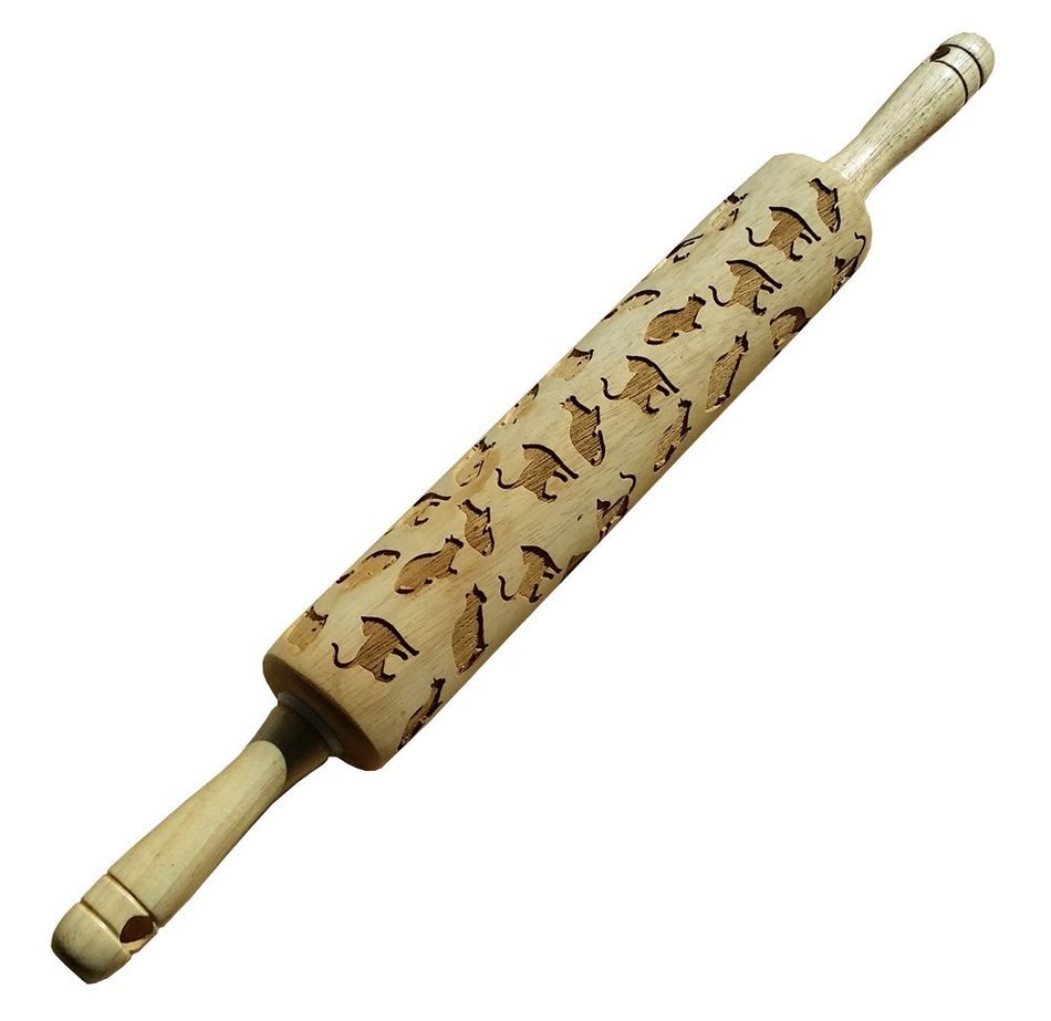 Cat Rolling Pin - Engraved Wood with Cat Design 10 inch Embossed Hardwood Cylinder