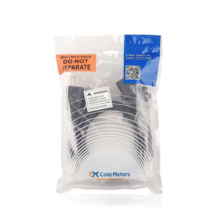 Cable Matters 2-Pack Heavy Duty Computer Monitor Power Cord in 10 Feet (NEMA 5&ndash;15P to IEC C13) N84