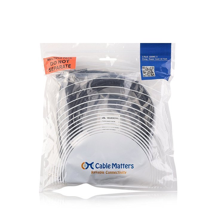 Cable Matters 2-Pack Heavy Duty Computer Monitor Power Cord in 10 Feet (NEMA 5&ndash;15P to IEC C13) N88