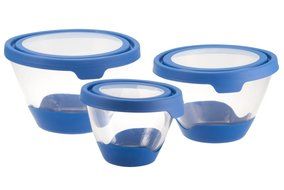 Glass Mixing Bowls with Blue Lids, Set of 3