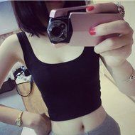 AIMTOPPY Women Tight Crop Top Skinny O-Neck T-Shirts Sports Dance Short Vest (L, Black) N2