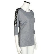 AIMTOPPY Women Lace Stitching Three-Quarter Sleeve Round Neck Tops Shirt Blouse (L, Gray) N6