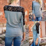AIMTOPPY Women Lace Stitching Three-Quarter Sleeve Round Neck Tops Shirt Blouse (L, Gray) N9