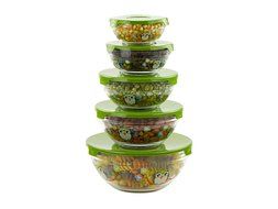5 Pc Nesting Glass Bowls - Multi Purpose Travel Food Containers - Lunch Bowl w/ Lids &amp; Owl Design N2