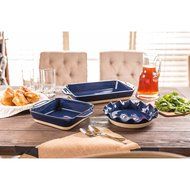 3 Piece Blue Ceramic Bakeware Set - Square Baker, Scalloped Pie Plate, Rectangle Baker Oven to Table