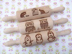 Lot 3 x Small Rolling Pins with 3 different patterns (Cats, Owls and Penguins)