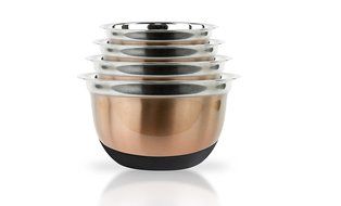4 Pc Copper Brushed Mixing Bowl Set w/ Silicone Nonskid Base - Stainless Steel Flat Base Serving Bowl or Prep...