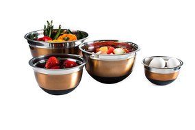 4 Pc Copper Brushed Mixing Bowl Set w/ Silicone Nonskid Base - Stainless Steel Flat Base Serving Bowl or Prep... N3