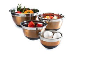 4 Pc Copper Brushed Mixing Bowl Set w/ Silicone Nonskid Base - Stainless Steel Flat Base Serving Bowl or Prep... N4
