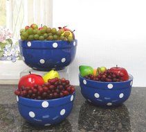 Set of 3 POLKA DOTS Blue Ceramic Mixing Bowls, 82169MIX By ACK