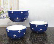 Set of 3 POLKA DOTS Blue Ceramic Mixing Bowls, 82169MIX By ACK N3