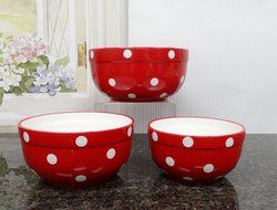 Set of 3 POLKA DOTS Blue Ceramic Mixing Bowls, 82169MIX By ACK N6