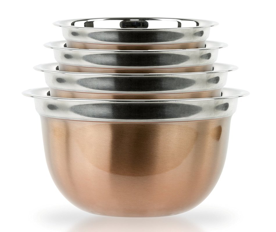 4 Pc Copper Brushed Mixing Bowl Set - Stainless Steel Flat Base Serving Bowl or Prep Bowls