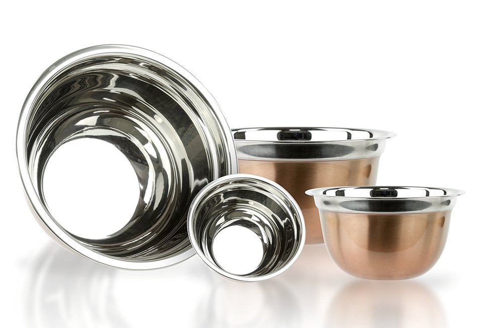 4 Pc Copper Brushed Mixing Bowl Set - Stainless Steel Flat Base Serving Bowl or Prep Bowls N2