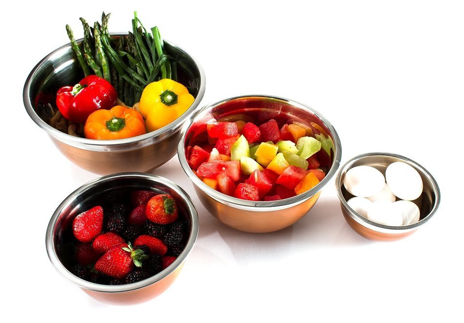 4 Pc Copper Brushed Mixing Bowl Set - Stainless Steel Flat Base Serving Bowl or Prep Bowls N3