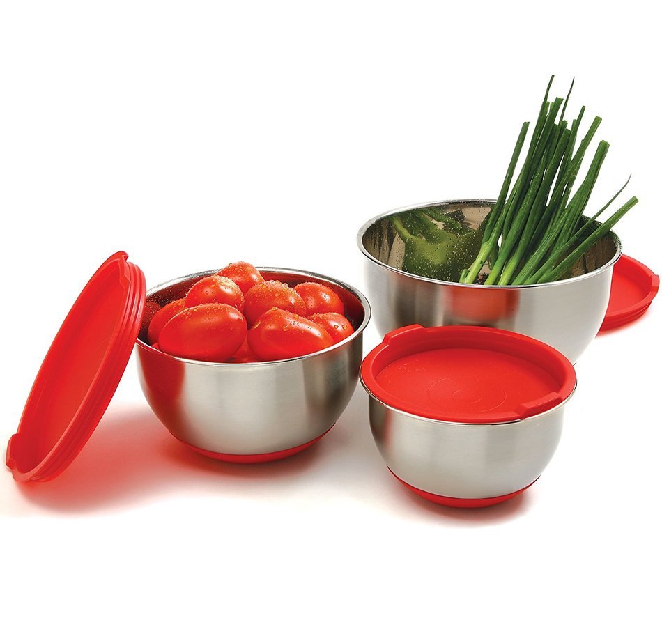 Norpro 10446 3-Piece Stainless Steel Grip Bowls with Lids N4