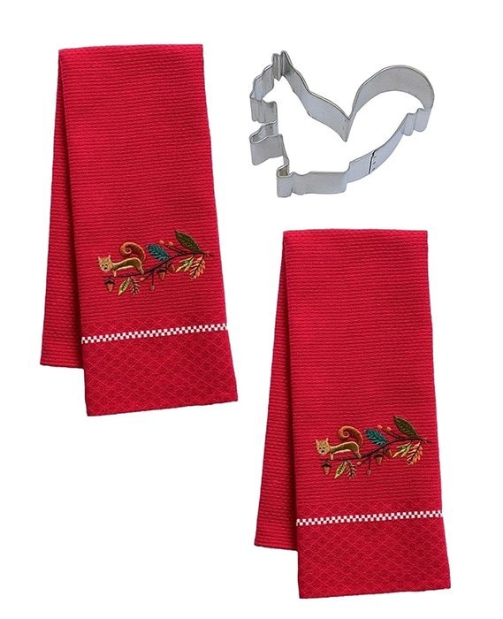 Embroidered Squirrel Acorns Leaves Dish Towel with Cookie Cutter Kitchen Set (3 Items)