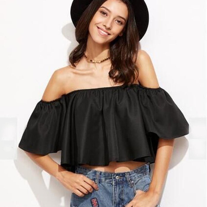 AIMTOPPY Women Sexy casual Flare Sleeve Strapless Tops Blouse (XL, white) N2