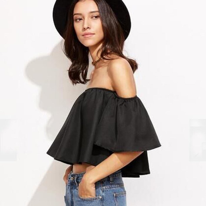AIMTOPPY Women Sexy casual Flare Sleeve Strapless Tops Blouse (XL, white) N3