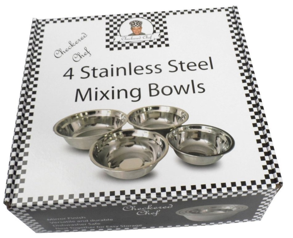 Checkered Chef Stainless Steel Mixing Bowl Set, 4 Metal Prep Bowls. Dishwasher Safe. N5