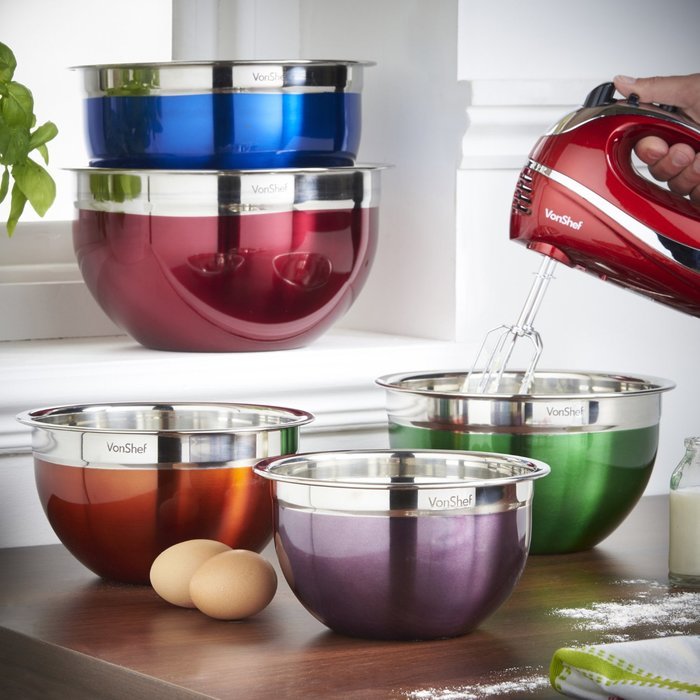 VonShef Premium 5 Piece Stainless Steel Multi Colored Mixing Bowl Set N2