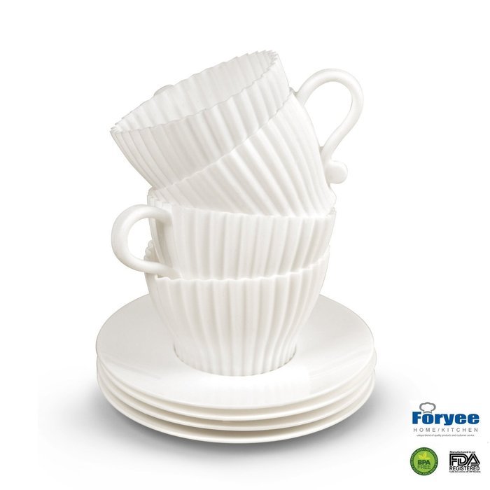 Foryee White Teacup Cupcake Silicone Liner Mold Bake And Serve Cups Candy Mat - Set of 4 (No BPA - Standard Size)