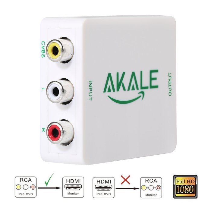 Akale RCA Composite CVBS AV to HDMI Video Audio Converter Adapter Mini Box Support 1080P for TV/PC/PS3/Blue-Ray... N8
