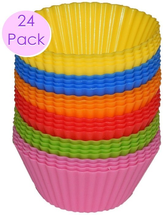 #1 Non Stick Silicone Cupcake Cups 24 Pack - Rainbow Bright Standard Silicone Reusable Heat Resistant Baking Cups...