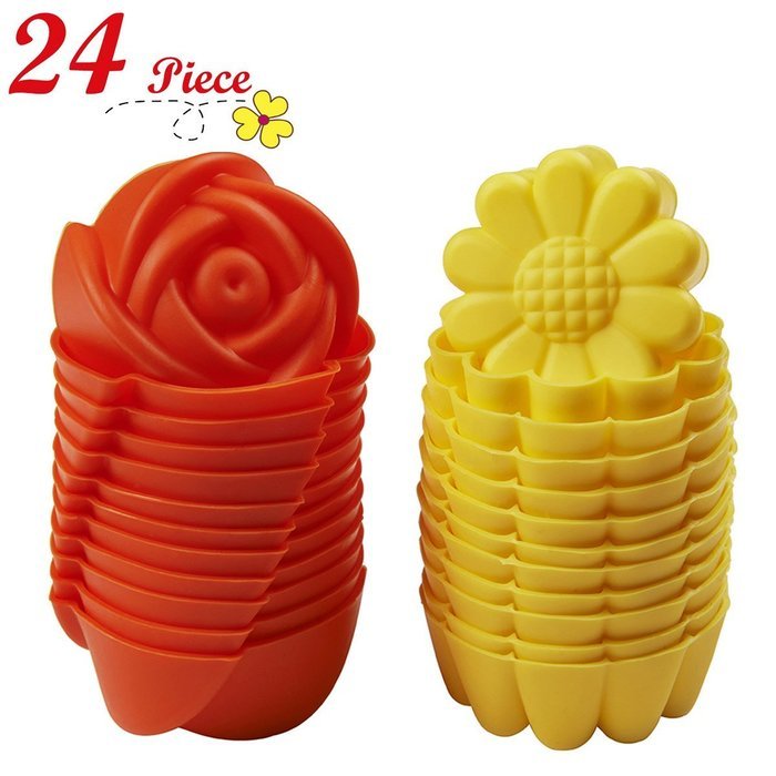 Chefaith 24 Pcs Reusable Silicone Mini Baking Cups, Cupcake Liners, Muffin Cups [12 Sunflower & 12 Rose Shaped...