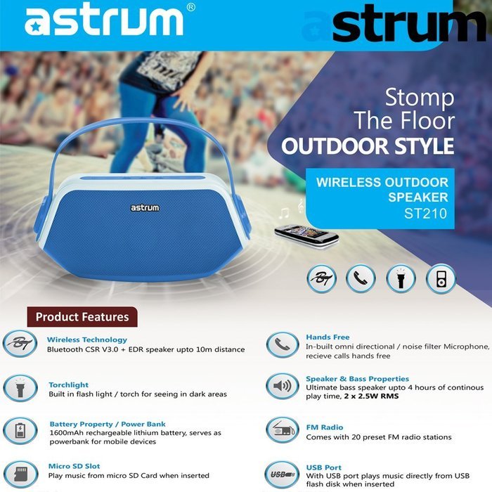 Astrum ST210 Portable Outdoor Wireless Bluetooth Speaker - HD Sound w Built-in Mic, FM Radio, Torchlight, Power... N9