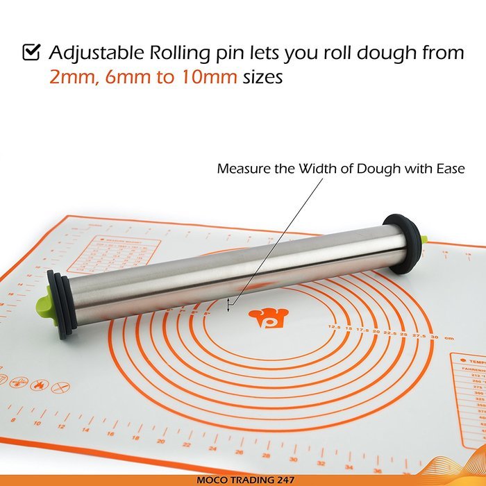 Premium Stainless Steel Rolling Pin & Silicon Pastry Mat, 3 Adjustable Disc For Precise Thickness, French Style... N4