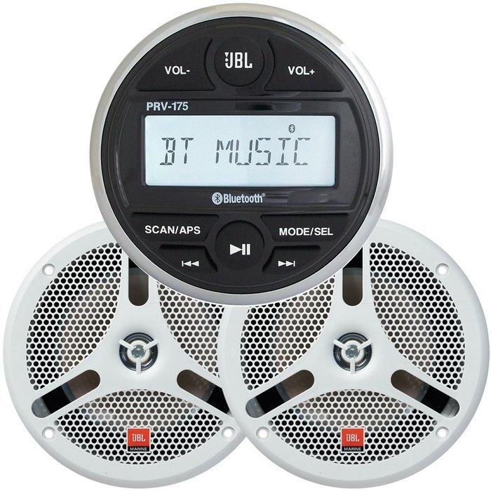 JBL MPK170 w/PRV 175 AM/FM/USB/Bluetooth Guage Style Stereo & MS6200 6-1/2" Two-Way Marine Speakers (Pair) - White