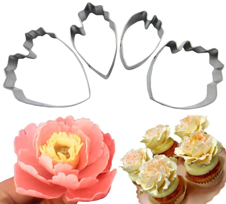 SOOKOO Set of 4 Stainless Steel Peony Flower Cutter Decor Fondant Cutter Mold Set Cupcake Decorating Tools