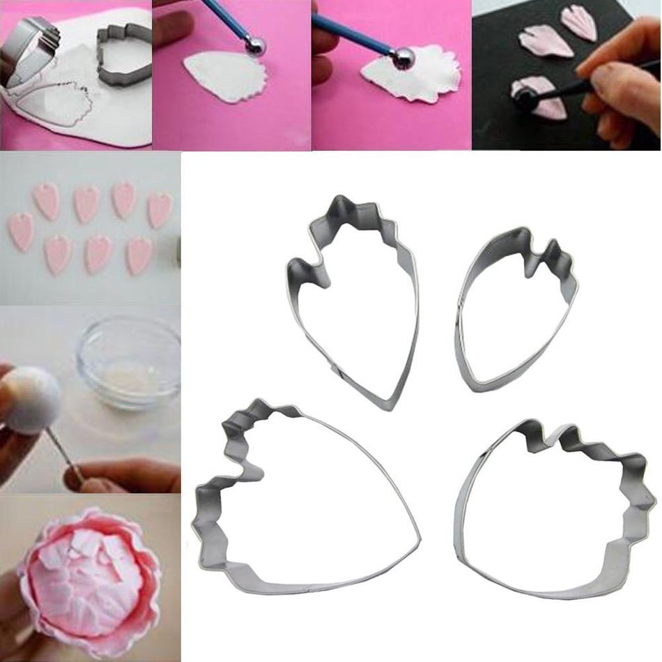 SOOKOO Set of 4 Stainless Steel Peony Flower Cutter Decor Fondant Cutter Mold Set Cupcake Decorating Tools N5