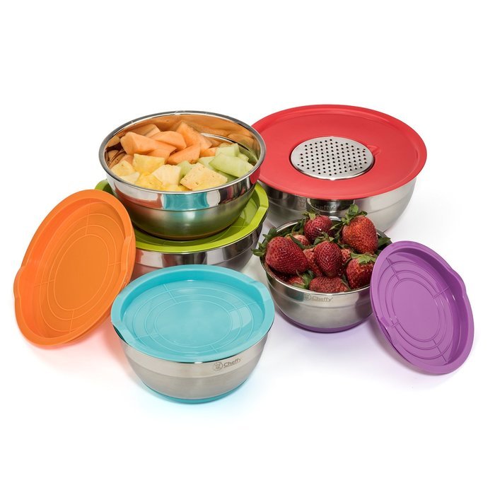 Cheffy Stainless Steel Mixing Bowls with Lids and Grater Attachments, Set of 5 N6