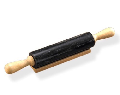 Creative Home Genuine Black Marble Stone Deluxe Rolling Pin with Wooden Handle and Cradle, Black