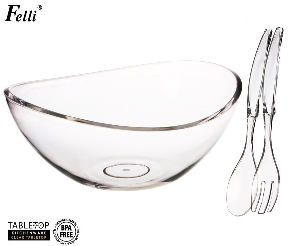 Felli- Crystal clear acrylic serving bowl set. 12.5" Mixing salad bowl and Servers. (U432719)