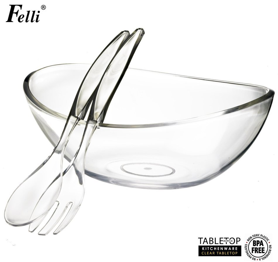 Felli- Crystal clear acrylic serving bowl set. 12.5" Mixing salad bowl and Servers. (U432719) N2