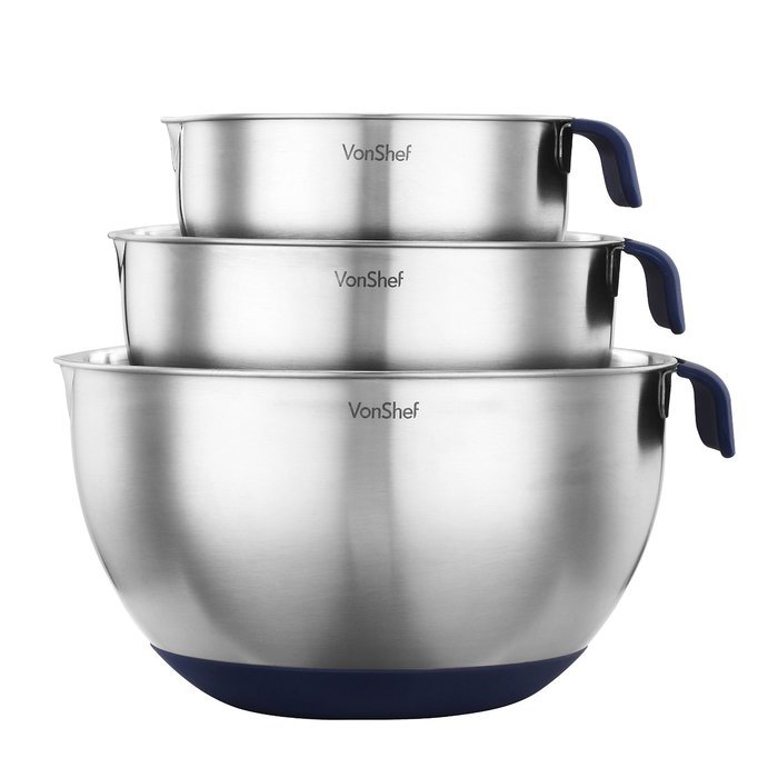 VonShef Premium 3 Piece Stainless Steel Mixing Bowl Set with Pouring Spouts, Handles and Non Slip Silicone Base
