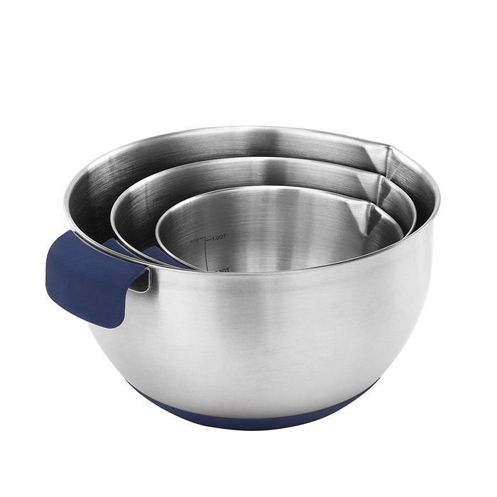 VonShef Premium 3 Piece Stainless Steel Mixing Bowl Set with Pouring Spouts, Handles and Non Slip Silicone Base N4