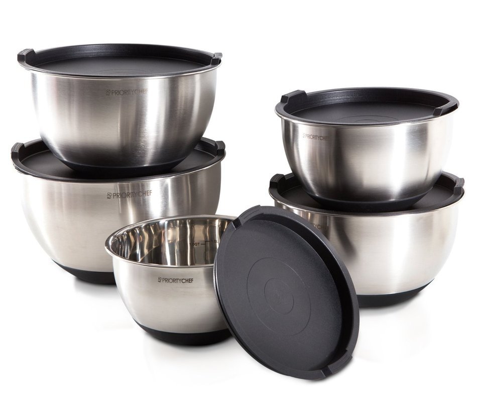 PriorityChef 5 Piece Mixing Bowls With Lids, Large 5 Quart Capacity, Stainless Steel, Non Slip Silicone Bottom...