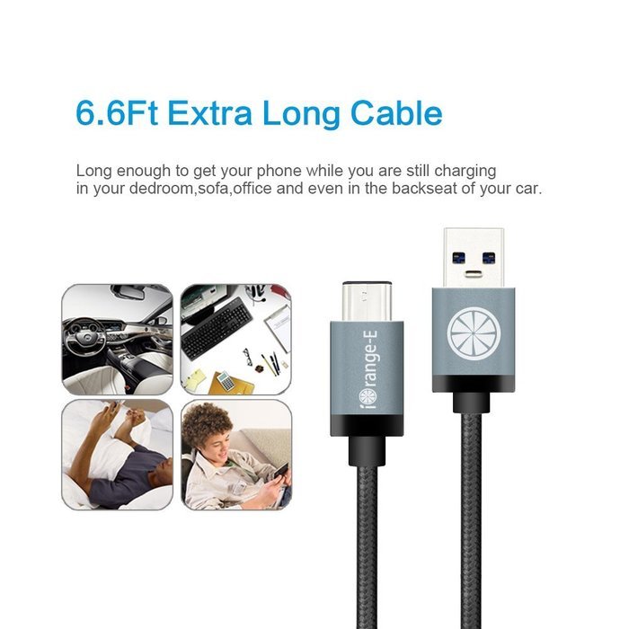 Type C, iOrange-E USB C to USB 3.0 (USB 3.1 Gen 1) 6.6 Ft Braided Cable for Apple Macbook 12", Nexus 6P, 5X, Pixel... N7