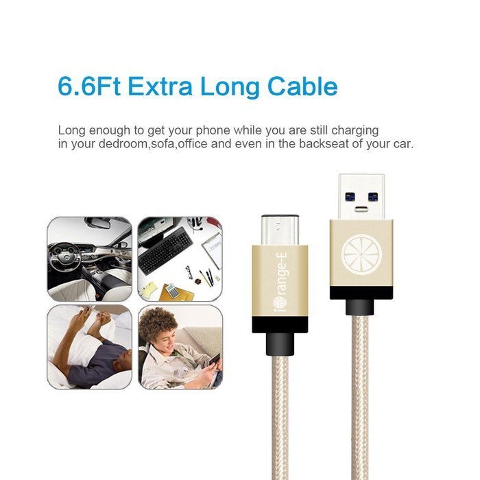 Type C, iOrange-E USB C to USB 3.0 (USB 3.1 Gen 1) 6.6 Ft Braided Cable for Apple Macbook 12", Nexus 6P, 5X, Pixel... N26