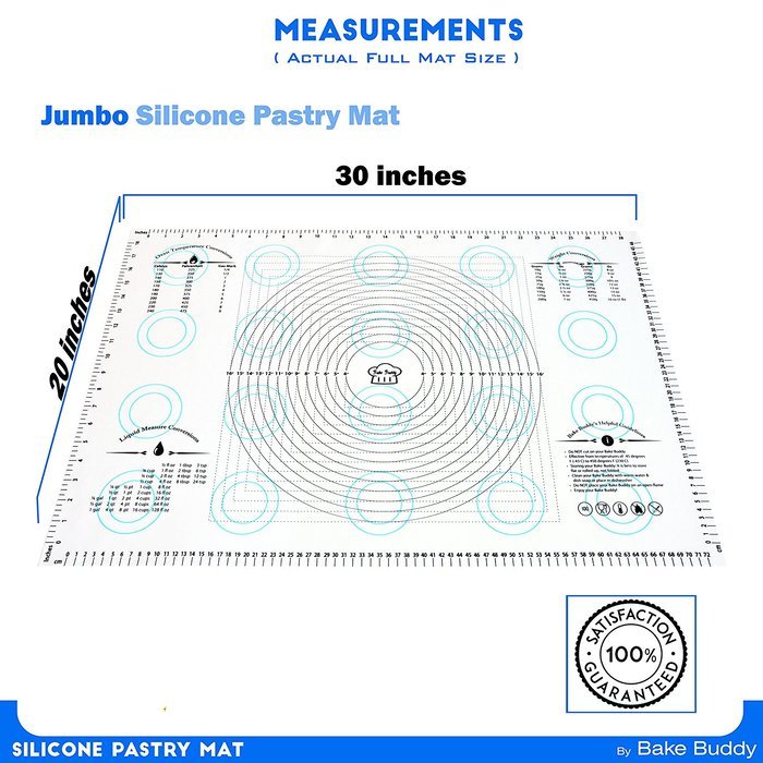 Bake Buddy Jumbo Non-Stick Silicone Pastry Fondant Mat With Measurements, Size 20&rdquo; x 30&rdquo;, White, With BONUS Recipe... N4